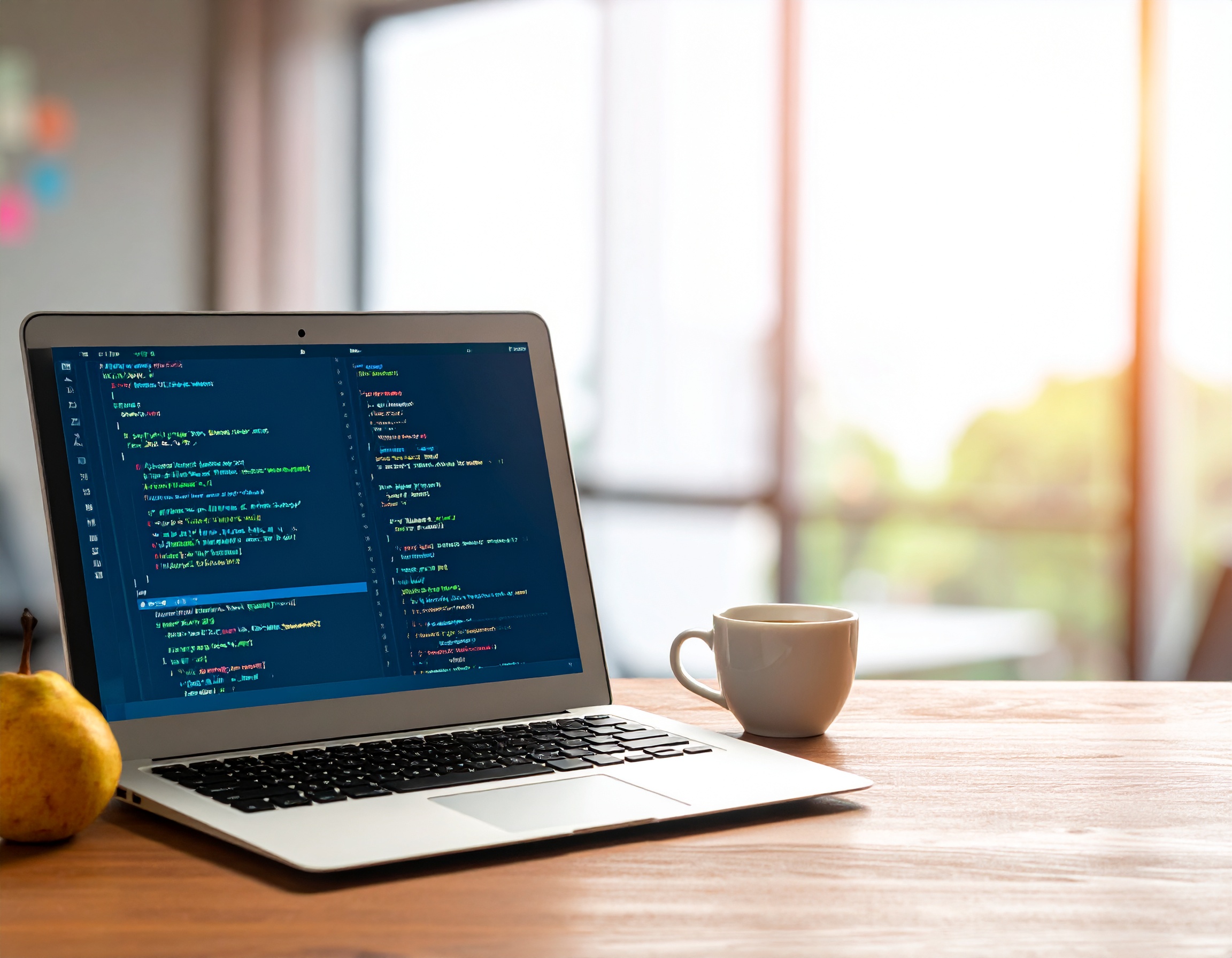 Firefly_Desk with a laptop with coding on the screen and a coffee cup next to laptop and also 336144